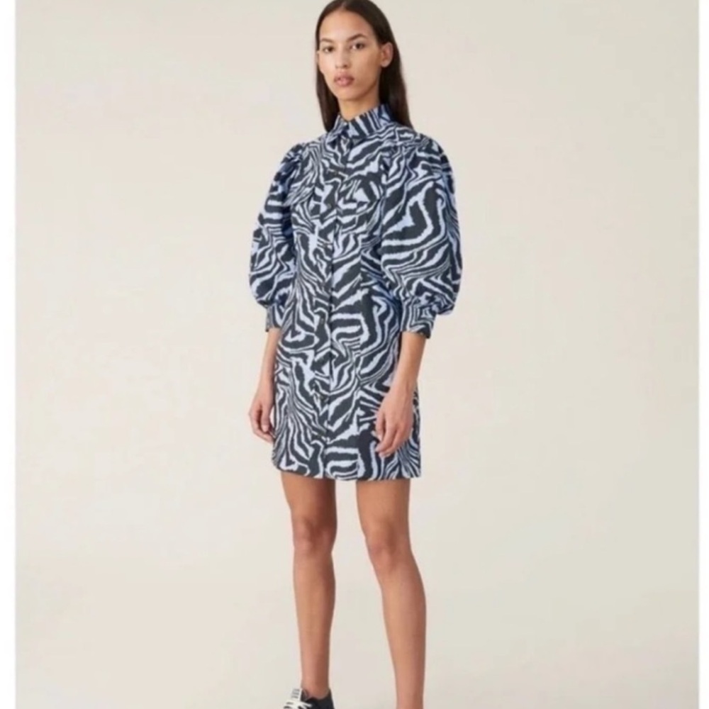 GANNI Zebra Print Puff Sleeve Mini Dress Blue Grey Size 36 US 4